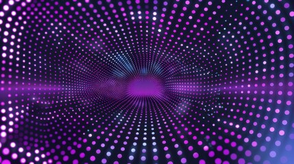 Fototapeta premium Vibrant magenta and violet dot tunnel with radiant perspective depth and glowing center, ideal for futuristic technology, music visuals, nightlife and digital motion concepts.