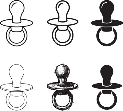 Set of baby pacifier icons illustration in silhouette and outline style