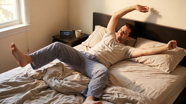 Man Stretching and Yawning in Bed with Morning Sunlight and Energy