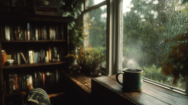 Steaming mug on a windowsill in a plant-filled study on a rainy day, cozy illustration