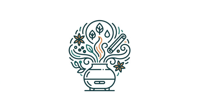 Aromatherapy diffuser with essential oils and spices illustration.