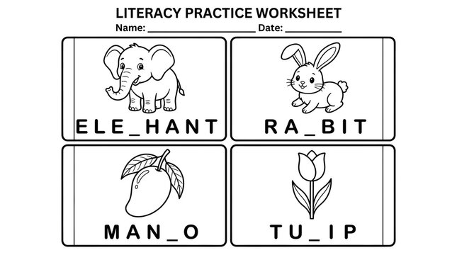 Literacy practice worksheet for children featuring black and white line of an elephant, rabbit, mango, and a tulip