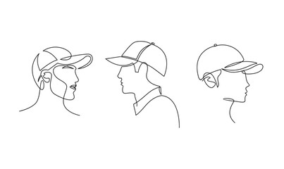 Continuous Line Art Drawing of Three Male Profiles Wearing Baseball Caps © alpha