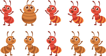 Obraz premium Playful Cartoon Ant Characters in Red and Brown Colors with Cheerful Expressions for Children’s Educational and Creative Projects