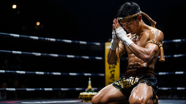 Traditional Muay Thai Fighter Performing Wai Kru Ram Muay Ritual in Boxing Ring