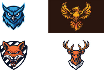 Obraz premium Stylized collection of animal logo illustrations featuring owl, phoenix, fox, and deer designs for branding and mascot concepts