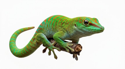 Fototapeta premium Vibrant Green Day Gecko Perched on a Small Branch Isolated on a Clean White Background for Wildlife and Nature Photography