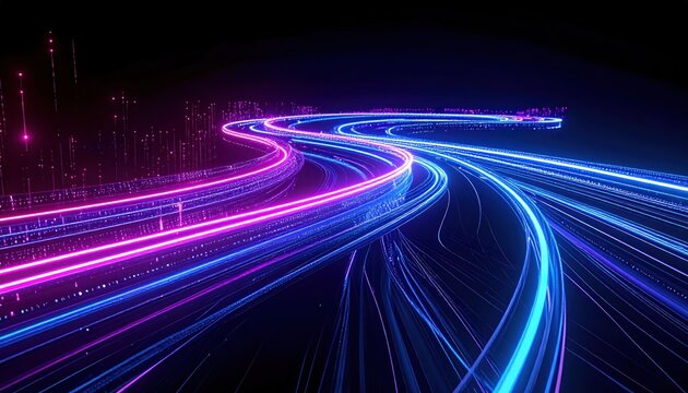 neon lights on a highway at night.