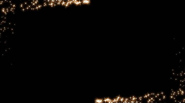 Rectangular frame with shimmering golden star particles glittering movement on a dark background, border frame alpha channel animation, Golden particles moving luxury glittering on frame border