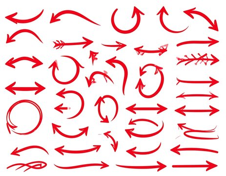 A collection of various red directional arrows on a white background