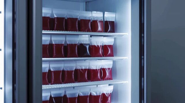 Medical refrigerator with sealed bags of dark red liquid