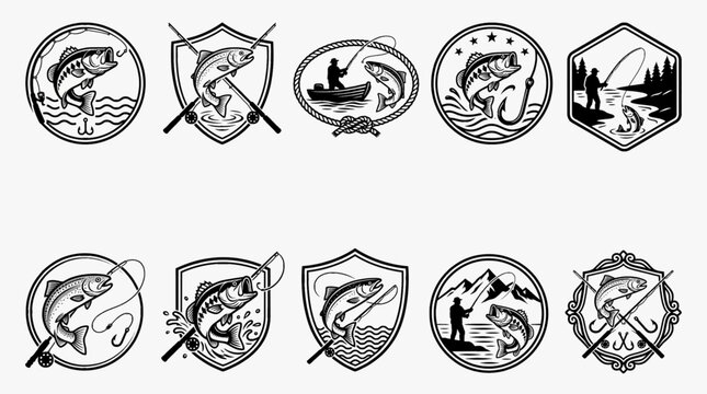 Classic Fishing Brand Logo Bundle with Fisherman Shield Hook and River Fish Illustrations