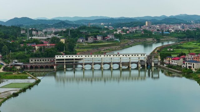 Aerial views of sluice gates and hydroelectric power stations