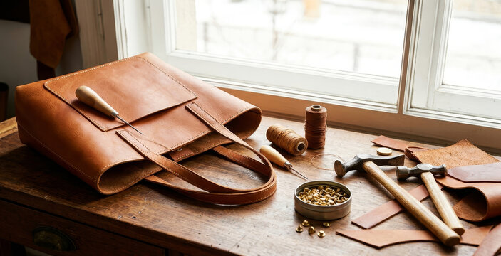 Handmade leather tote bag on rustic wooden workshop bench with awl thread hammer and rivets