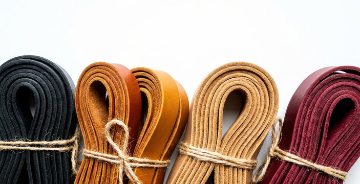 Colorful folded leather straps tied with twine on white background, craft material variety