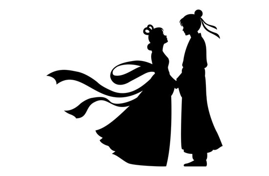 七夕 彦星と織姫が見つめ合うシルエット