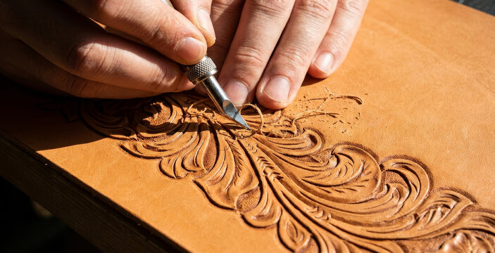 Craftsman carving floral pattern on leather with swivel knife, closeup of hands and tooling