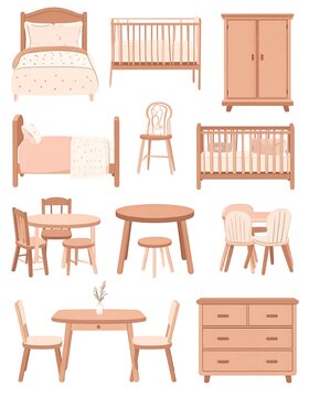 A collection of various wooden furniture pieces in a monochromatic color scheme