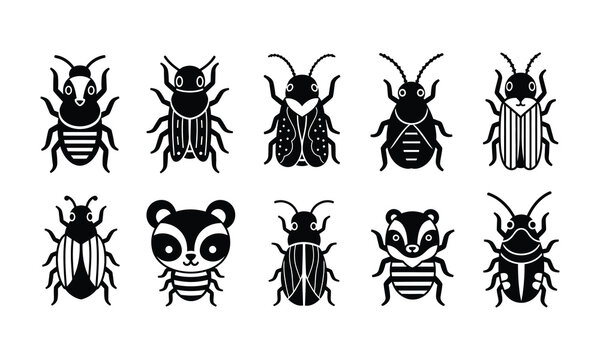 Black and white bug character illustrations with various patterns and cute shapes.