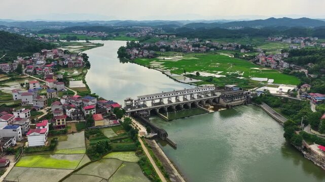 Aerial views of sluice gates and hydroelectric power stations