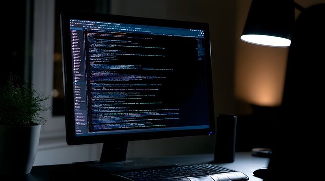 Sophisticated lines of code illuminate a modern screen under soft ambient lighting creating a high tech and professional atmosphere