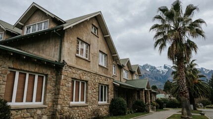 Obraz premium Elegant Stone House with Palm Trees and Mountain View Under Cloudy Sky.