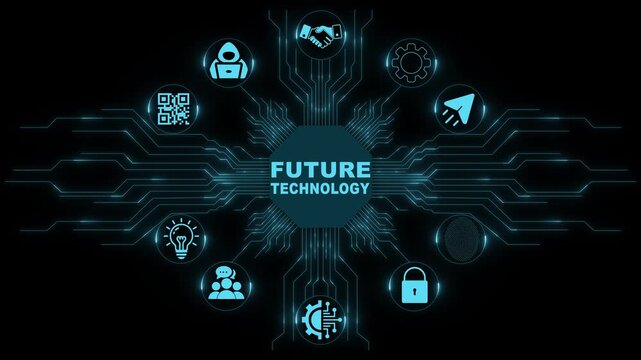 Future Technology Graphic with Business Technology Icons and Digital Circuit Board Background for Innovation and Motion graphic 4k animation video.