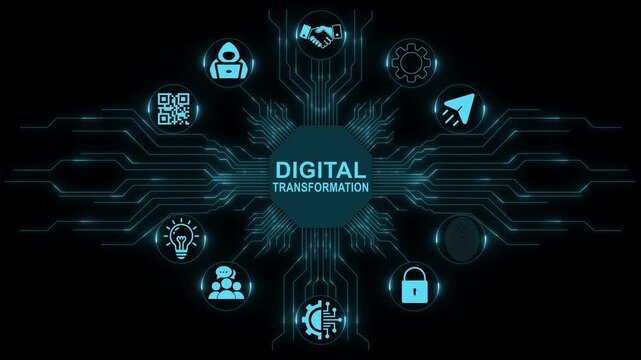 Digital Transformation Concept with Connected Icons on Blue Circuit Board Background Representing Innovation, Technology,Motion graphic 4k animation video.