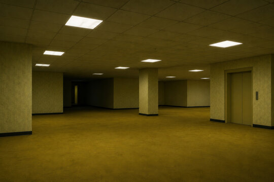 Empty Liminal Space Office with Yellow Wallpaper, Backrooms Concept, Creepy Haunted Corridor, Fluorescent Ceiling Light, Corporate Corridor