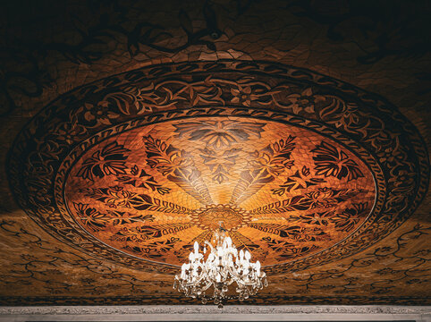 Ornate Wooden Ceiling and Chandelier at Las Casas Filipinas