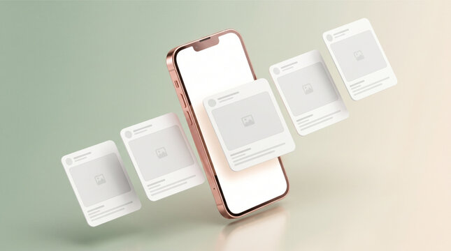 2026 social media feed mockup with 3D floating carousel post cards and smartphone screen interface. Minimalist Instagram slider frame pages design concept for mobile app profile and digital marketing.