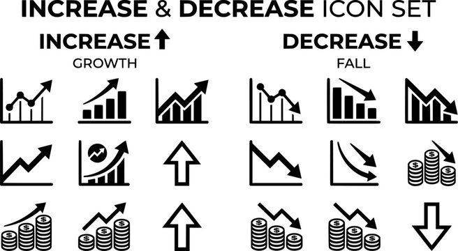 Increase and Decrease icon set. Business growth and fall graph symbol. Vector illustration.
