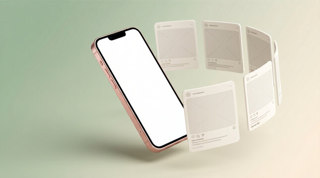 2026 Instagram feed mockup on pink smartphone. Social media carousel post slider template. Floating UI screens on mobile app interface for marketing. Digital content creator display design concept.
