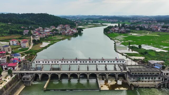 Aerial views of sluice gates and hydroelectric power stations