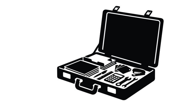 open briefcase with tools and gadgets inside