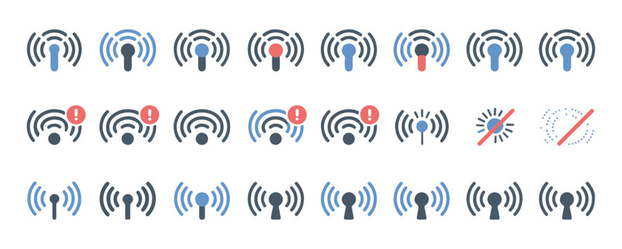 Graphic collection of telecommunication and signal antenna icons with status indicators and alert marks.