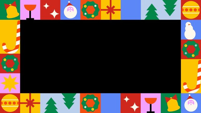 Christmas animated frame with alpha channel. Looping holiday border with festive icons.