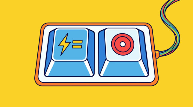 Vector graphic illustration of a colorful computer mouse with a cord and buttons featuring a lightning bolt and a red circle on a bright yellow background design.
