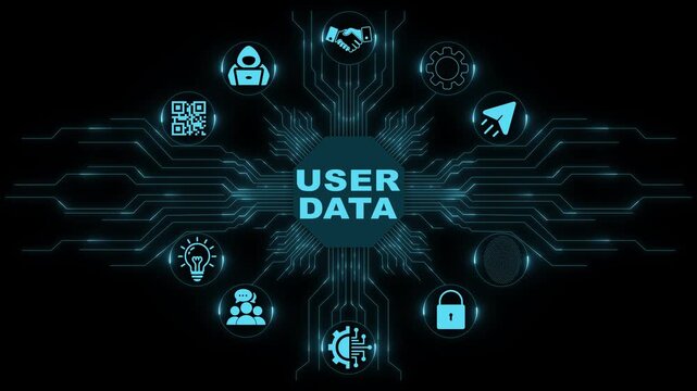 Conceptual Illustration of User Data Hub with Icons for Security, Communication, Health, and Automation on a Motion graphic 4k animation video.