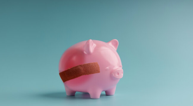 Piggy bank with bandage on pastel background,Economic crisis