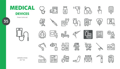 Simple Set of Medical Devices Related Vector Line Icons. Contains such Icons as Stethoscope, Thermometer, CT Scanner, IV Drip, Glucometer and more. Editable Stroke. Pixel Perfect Vector. © Takoyaki Icons