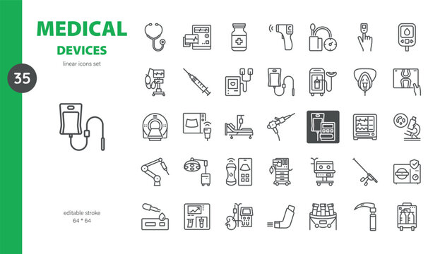 Simple Set of Medical Devices Related Vector Line Icons. Contains such Icons as Stethoscope, Thermometer, CT Scanner, IV Drip, Glucometer and more. Editable Stroke. Pixel Perfect Vector.