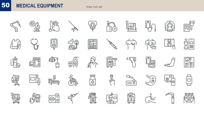 Medical Equipment Icon Set: 50 Healthcare Apparatus Vector Line Icons Collection with Editable Stroke and White Background. Pixel Perfect Icons of hospital devices, medicine monitors, scanners, xray.