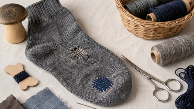 Sock darning setup with mending tools and fabric patch