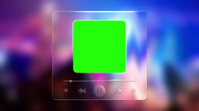 Glassmorphism music player interface with green screen and liquid glass UI