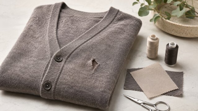 Cardigan repair setup with fabric patches and sewing supplies