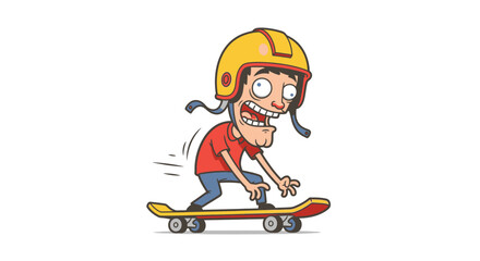 Cartoon character with helmet riding a skateboard with a scared expression. © Umi