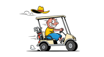 Happy man driving a golf cart with his hat flying off. © Umi