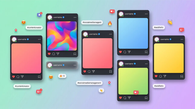 2026 Social media feed mockup interface with carousel post frames, slider photo mockup design concept, floating notification icons and hashtags for instagram mobile app UI design and marketing.