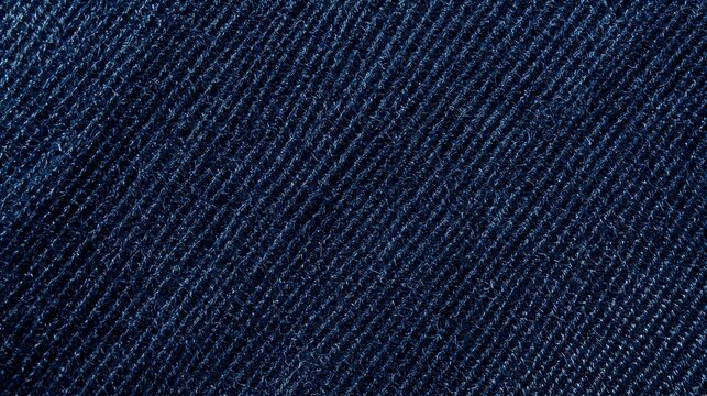 An extreme close-up texture of heavy, indigo-dyed raw denim fabric. The diagonal twill weave pattern is highly visible, showing individual thick cotton threads with subtle imperfections